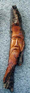 May, 2003 - Carved on Cottonwood bark that is about 16 inches tall and4.5 and 3 inches wide.